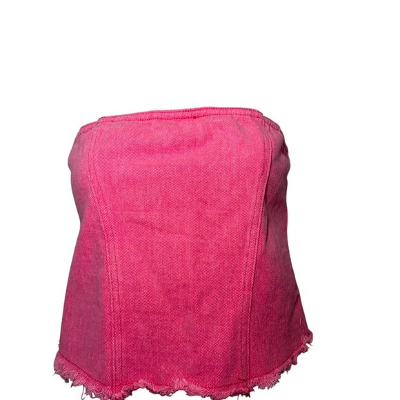 Superdown Strapless Pink Denim Bustier Tube Top Raw Hem Sz Small - Picture 6 of 7